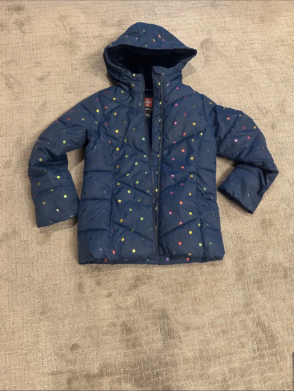 Swiss Tech Navy Hooded Puffer Jacket with Multicolor Dot Print